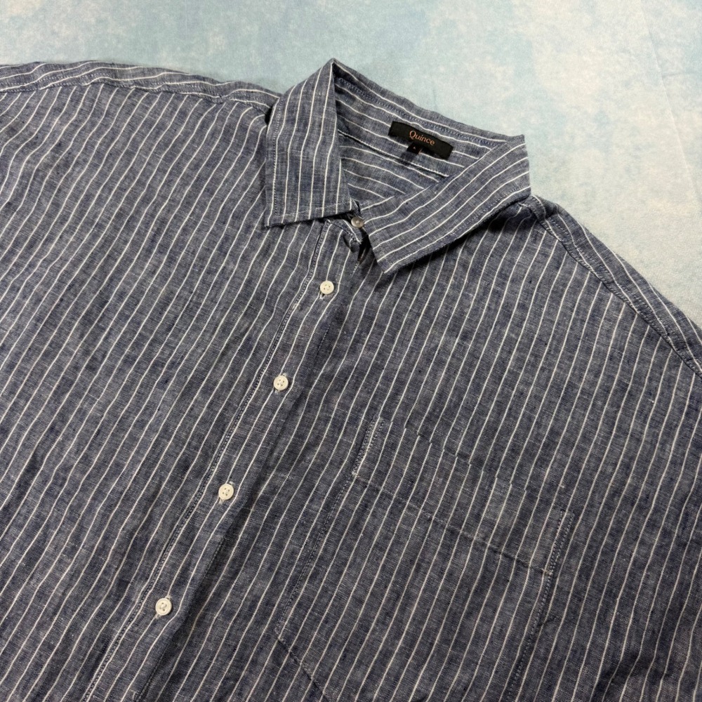Quince European Linen Camp Shirt Womens L Chambray Stripe Short Sleeve Button Up